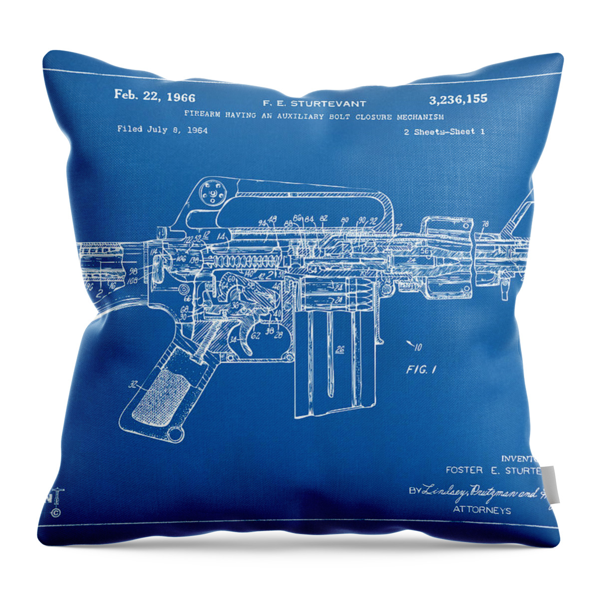 M-16 Throw Pillow featuring the digital art 1966 M-16 Gun Patent Blueprint by Nikki Marie Smith