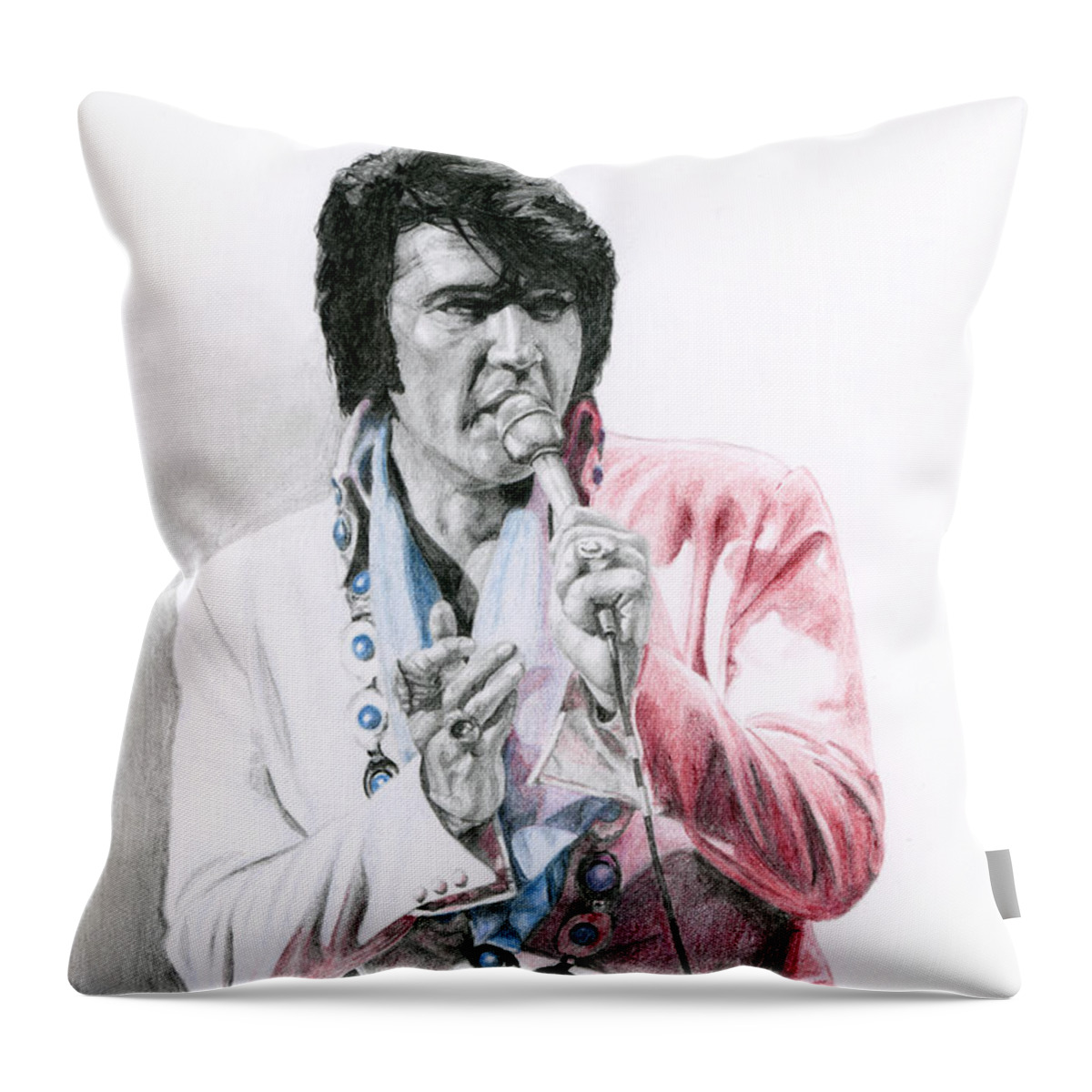 Elvis Throw Pillow featuring the drawing 1971 Turquoise Concho Suit by Rob De Vries
