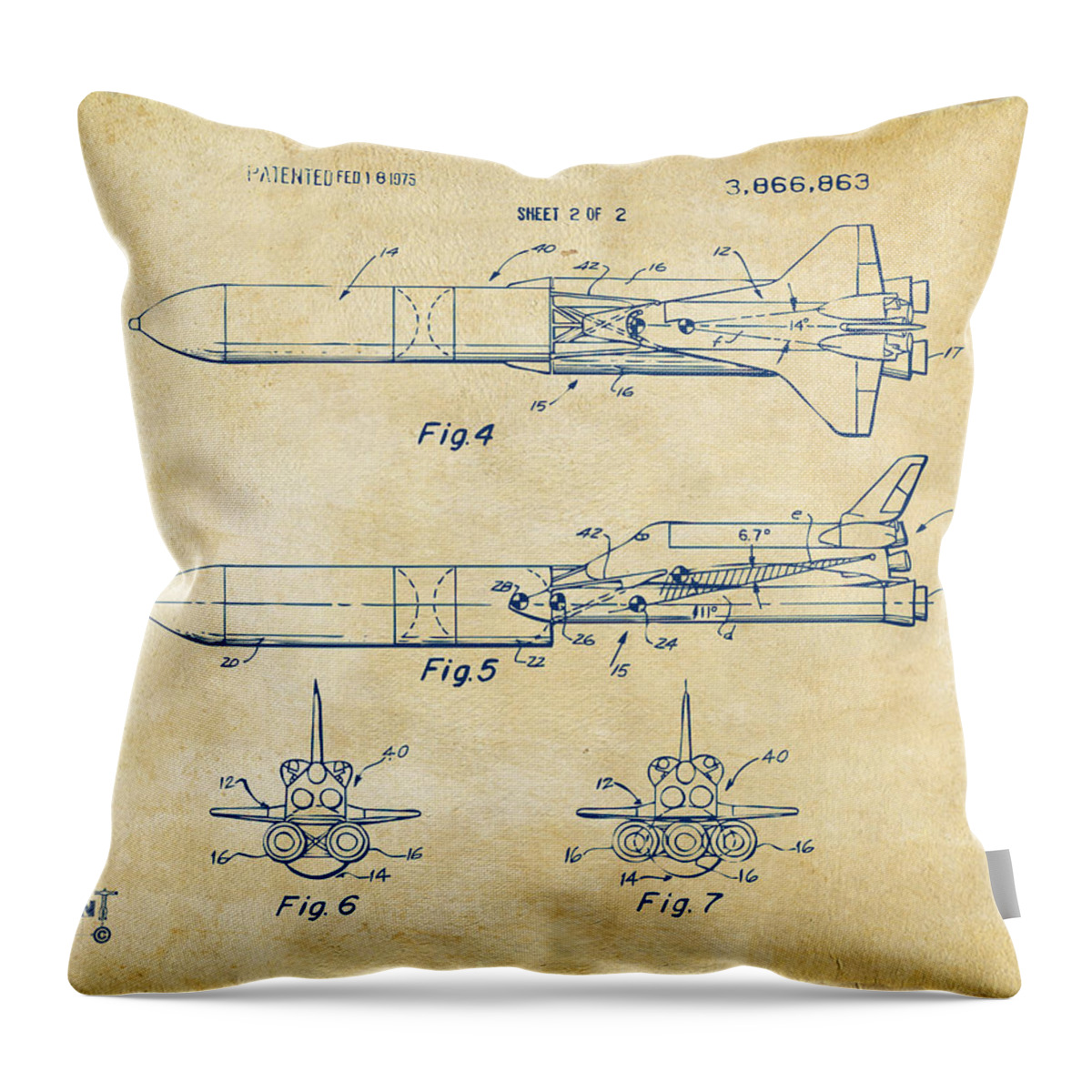 Space Ship Throw Pillow featuring the digital art 1975 Space Vehicle Patent - Vintage by Nikki Marie Smith
