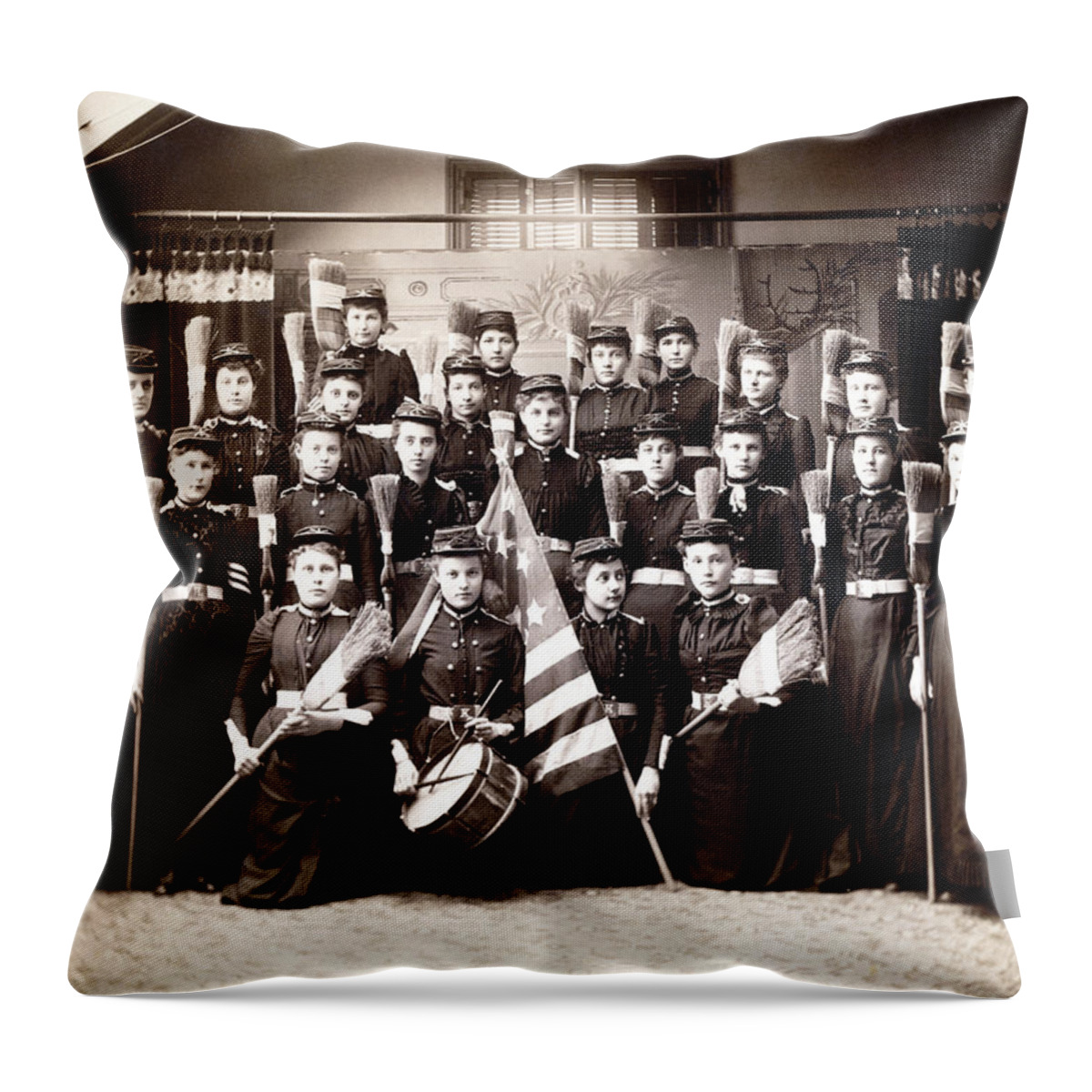 Retro Throw Pillow featuring the photograph 19th C. Female Cadets armed with Brooms by Historic Image