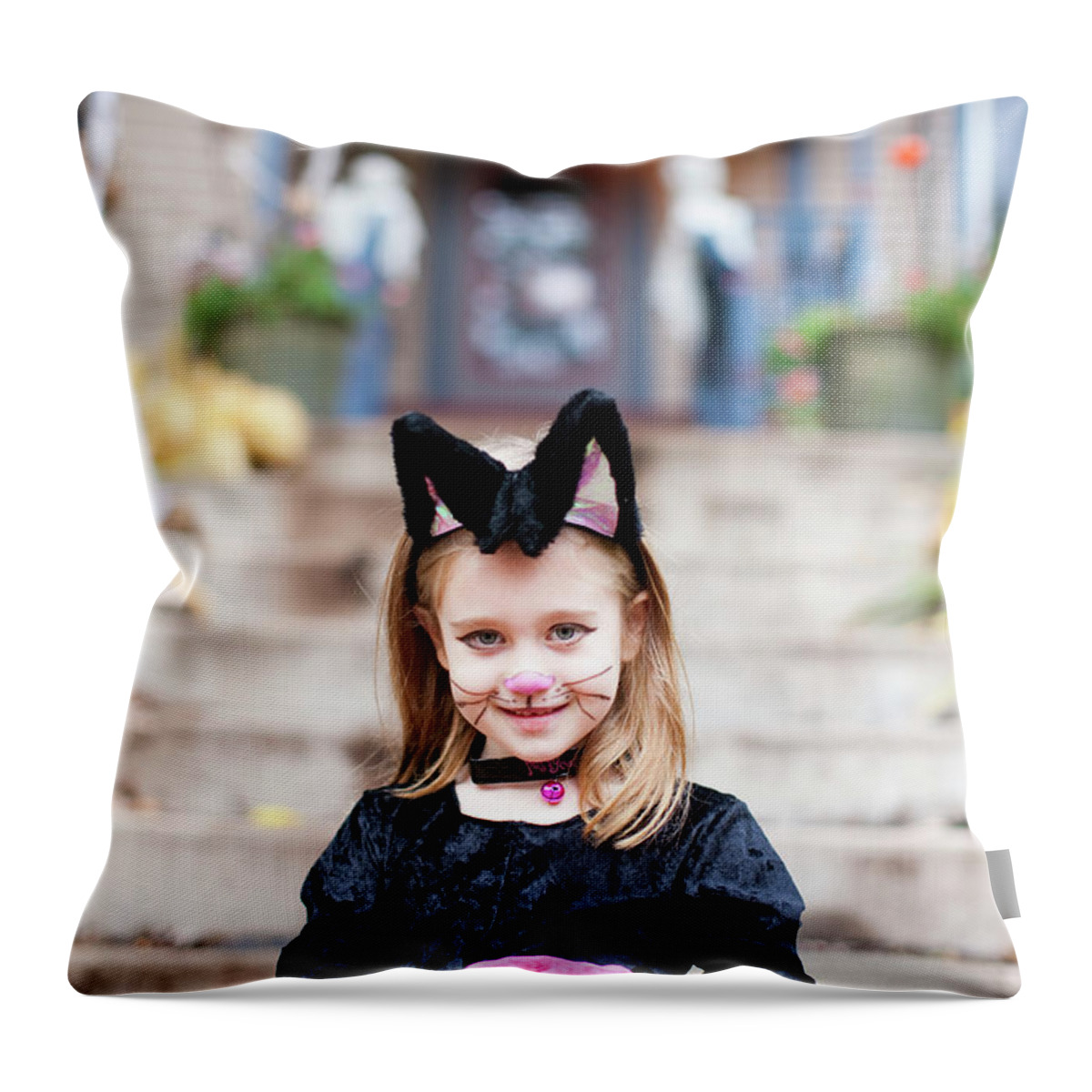 6-7 Years Throw Pillow featuring the photograph A Little Girl Is Dressed Like A Kitty #2 by David Ellis