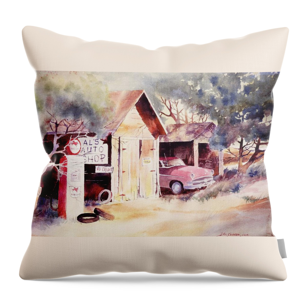 John Svenson Throw Pillow featuring the painting Al's Auto Shop #2 by John Svenson