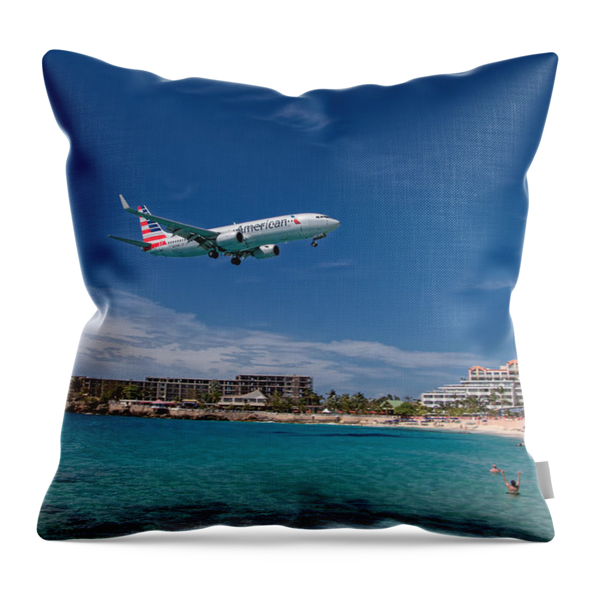 American Airlines Throw Pillow featuring the photograph American Airlines at St Maarten #2 by David Gleeson