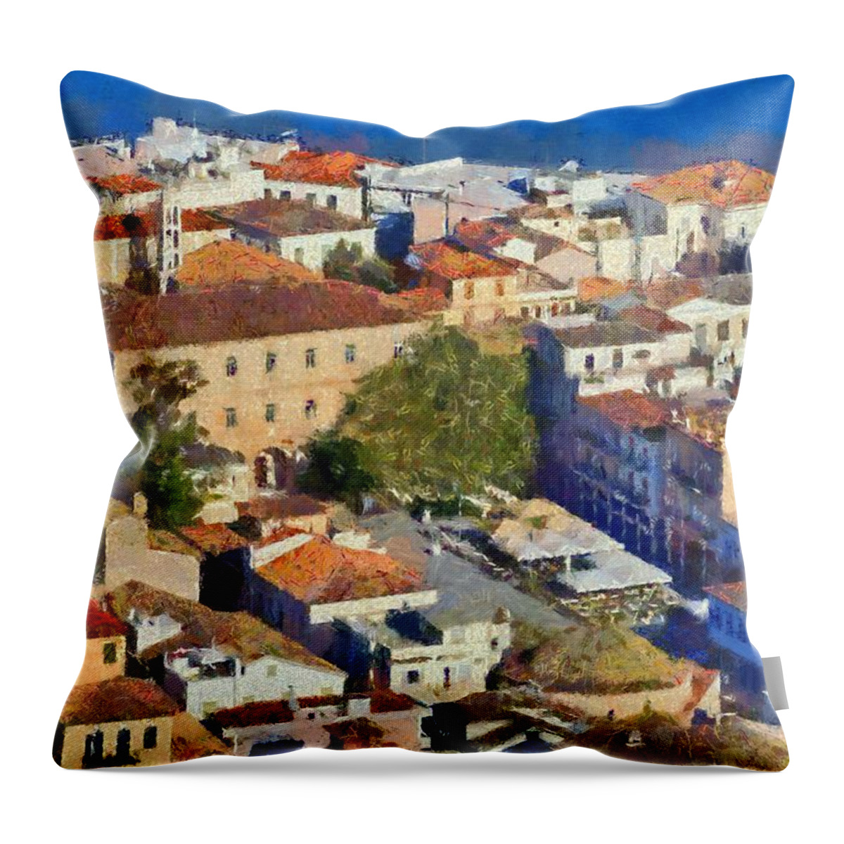 Nafplio; Old; City; Town; House; Houses; Color; Colour; Colorful; Colourful; Peloponnesus; Peloponnese; Argolis; Argolida; Greece; Greek; Hellas; Europe; European; Sea; Blue; Paint; Painting; Paintings Throw Pillow featuring the painting City of Nafplio #2 by George Atsametakis
