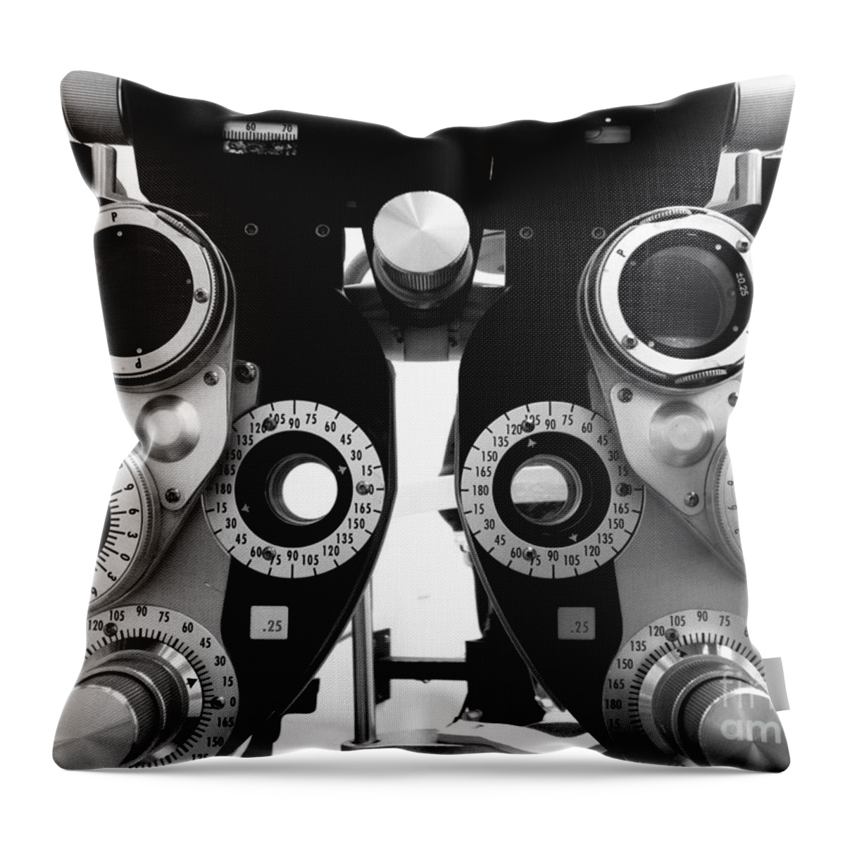 Black And White Throw Pillow featuring the photograph Closeup of a Phoropter Eye Examination Equipment #2 by Amy Cicconi