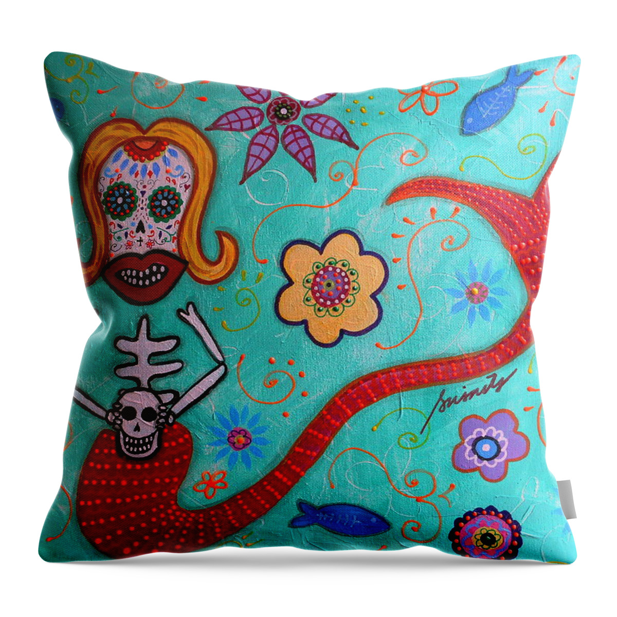Mermaid Throw Pillow featuring the painting Day Of The Dead Mermaid #2 by Pristine Cartera Turkus