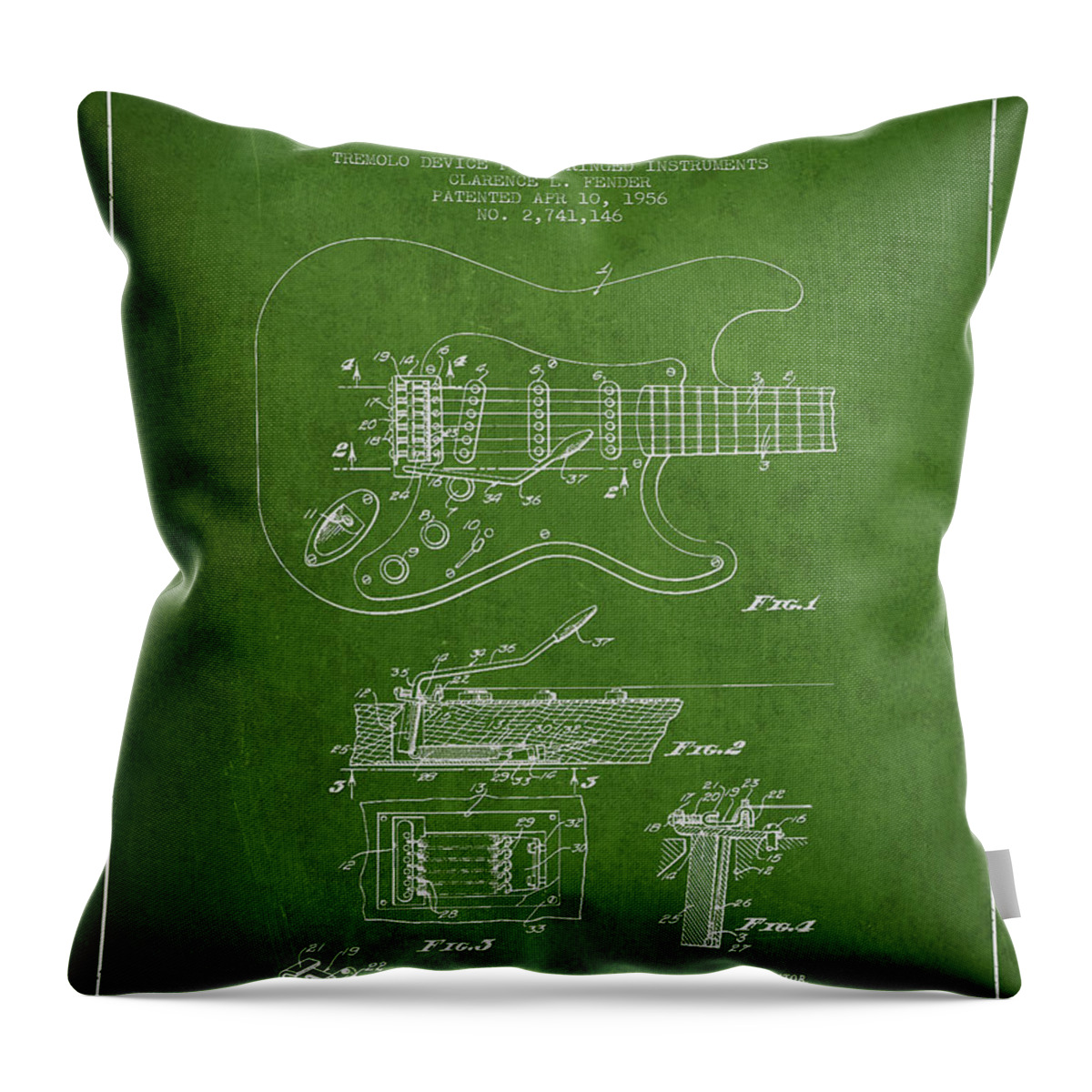 Fender Throw Pillow featuring the digital art Fender Tremolo Device patent Drawing from 1956 #3 by Aged Pixel