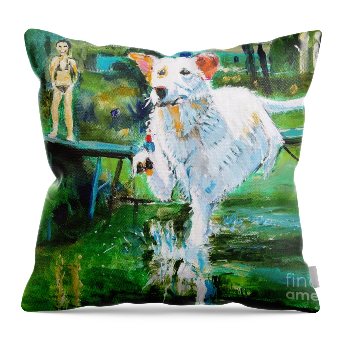 Dogs Throw Pillow featuring the painting Fetching by Judy Kay