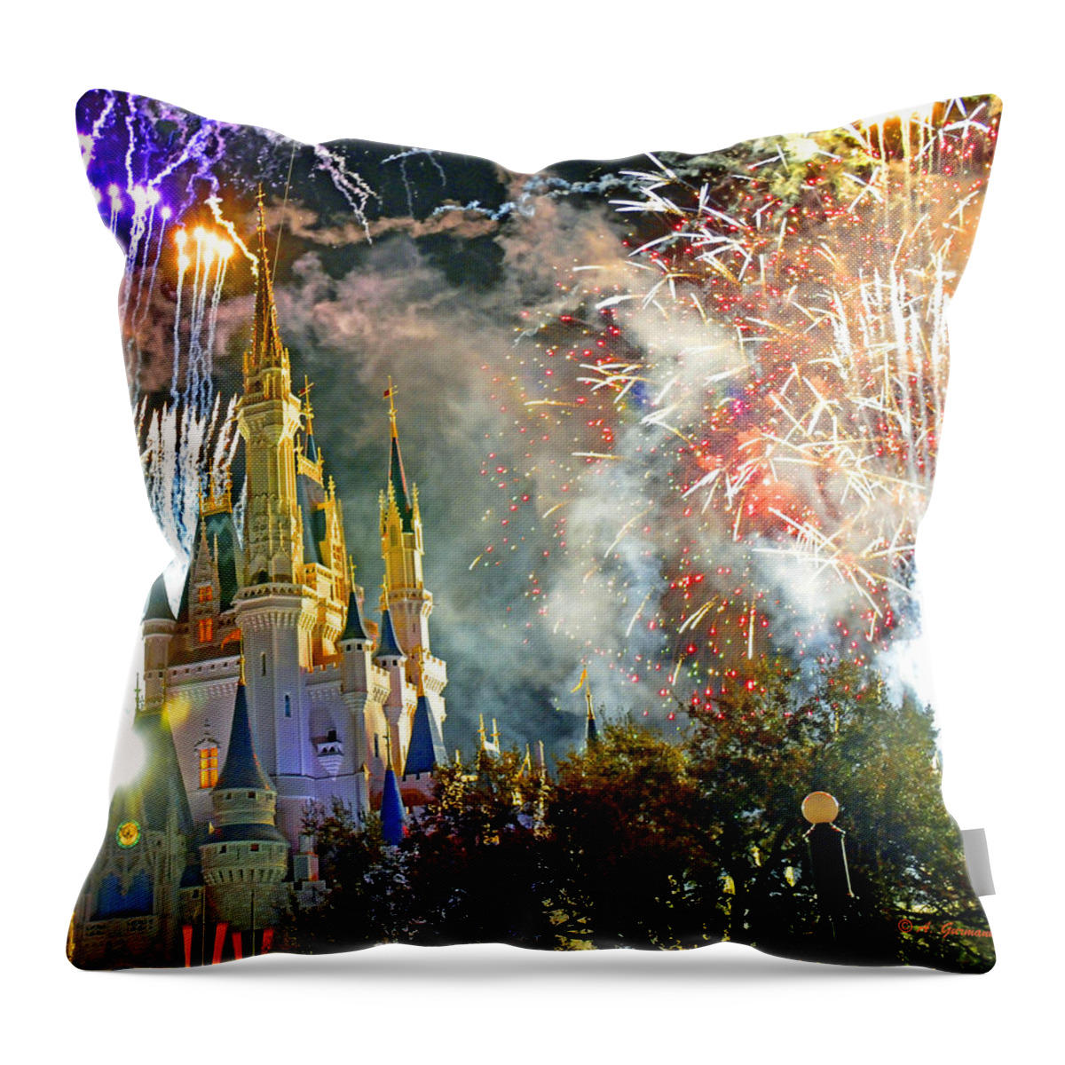Horizontal Throw Pillow featuring the photograph Fireworks Cinderellas Castle Walt Disney World #7 by A Macarthur Gurmankin