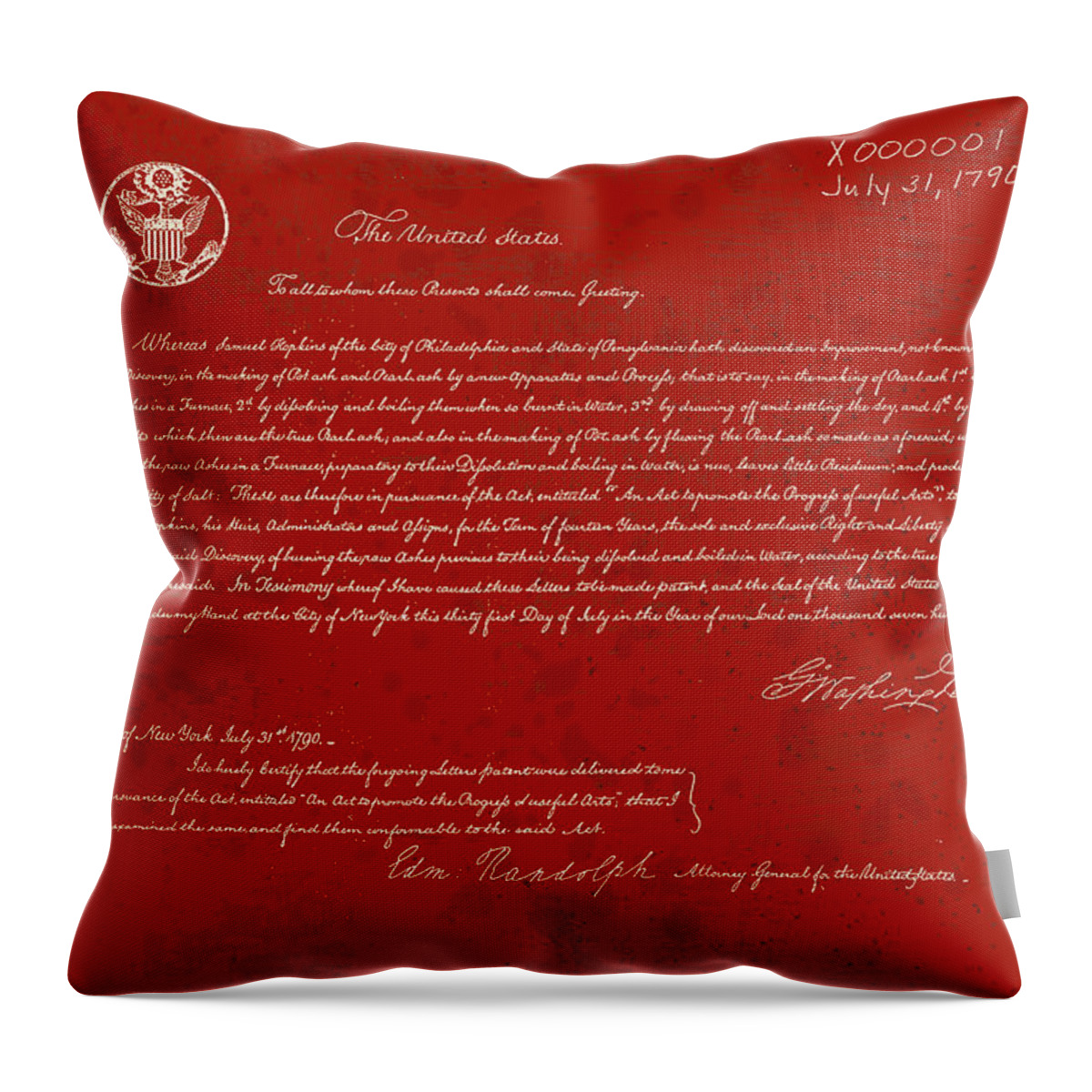 Patent Throw Pillow featuring the digital art First Patent Issued in the U.S.A. #2 by Marlene Watson