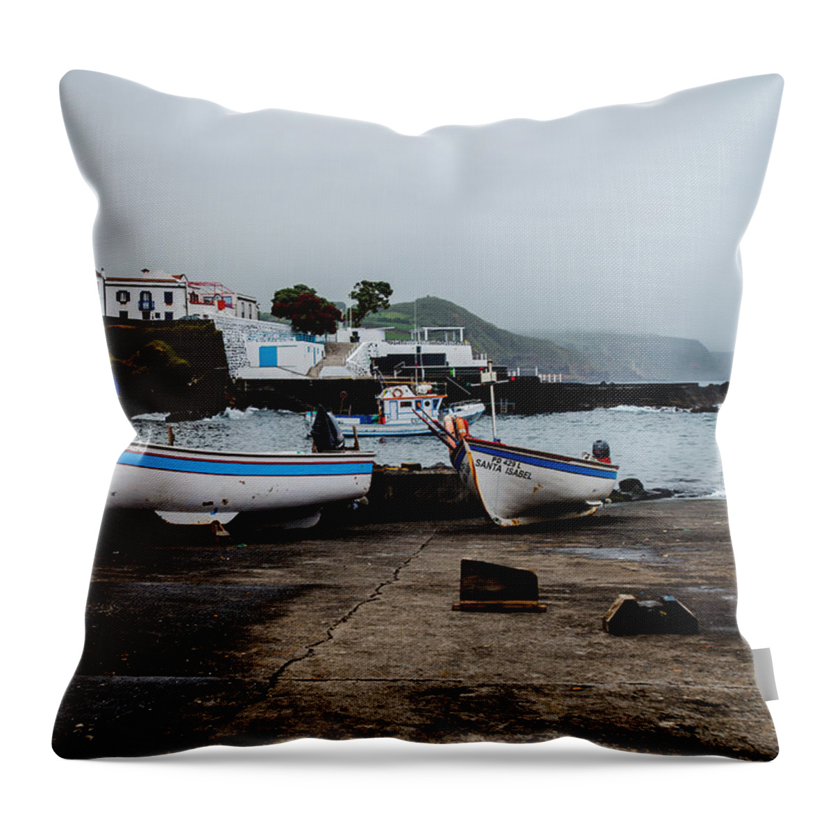 Beach Throw Pillow featuring the photograph Fishing Boats On Wharf With View Of Houses #2 by Joseph Amaral