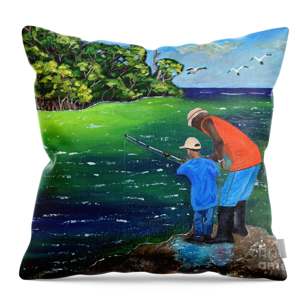 Seascape Throw Pillow featuring the painting Fishing Buddies by Laura Forde