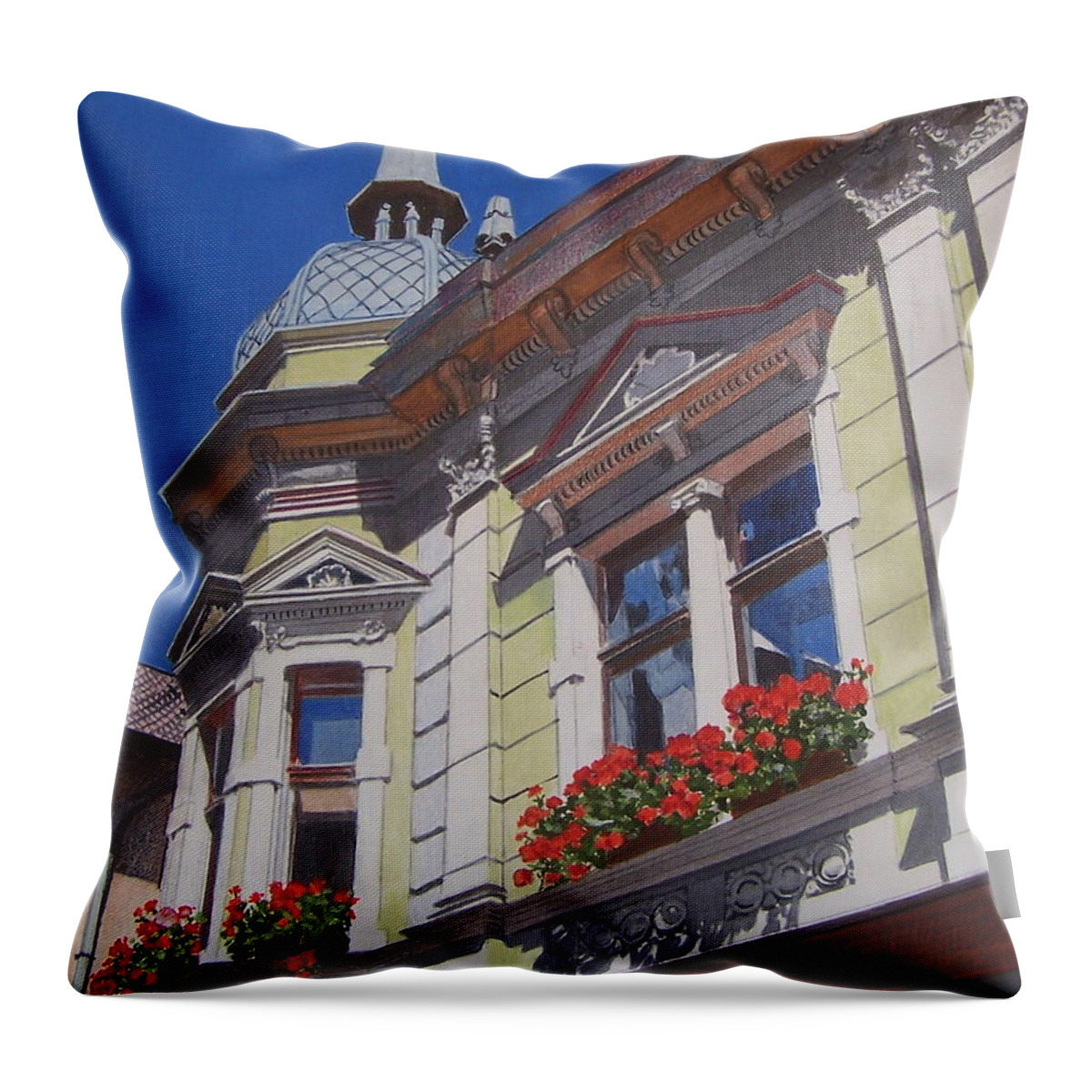 Blue Throw Pillow featuring the mixed media Geraniums by Constance Drescher