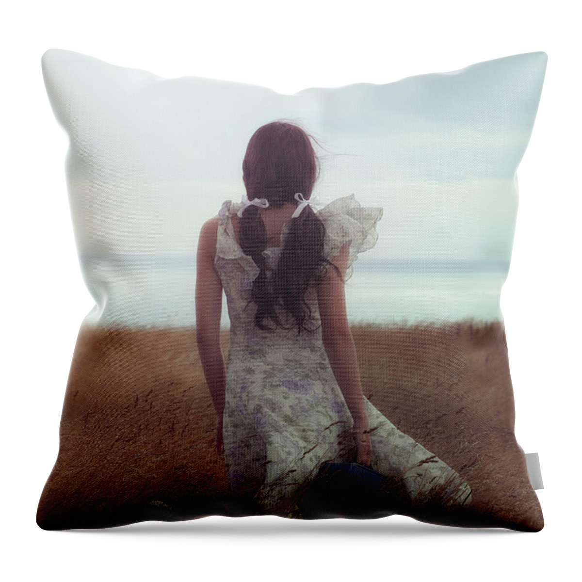 Girl Throw Pillow featuring the photograph Girl With Suitcase #2 by Joana Kruse