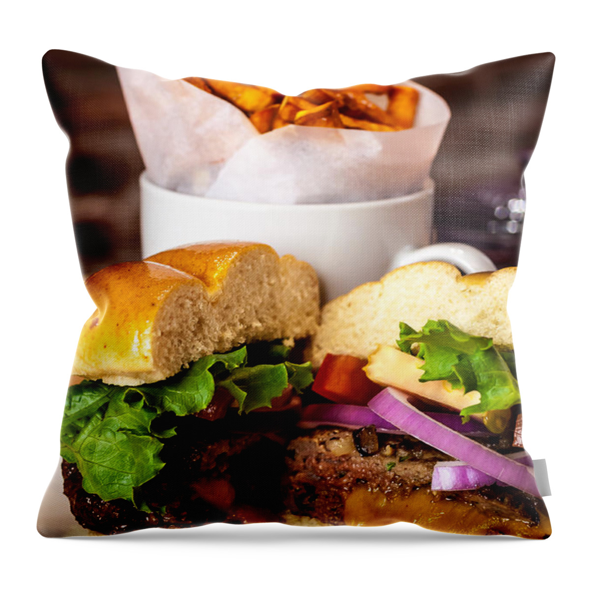 American Hamburger Throw Pillow featuring the photograph Gourmet Pub Hamburger #2 by Teri Virbickis