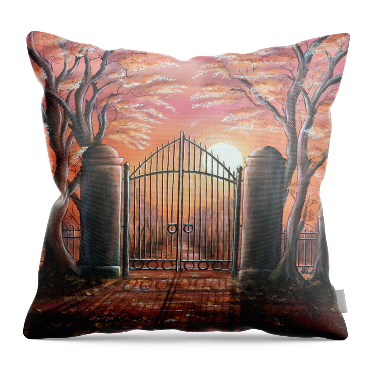 Gates Throw Pillow featuring the painting Heavens Gates by Krystyna Spink