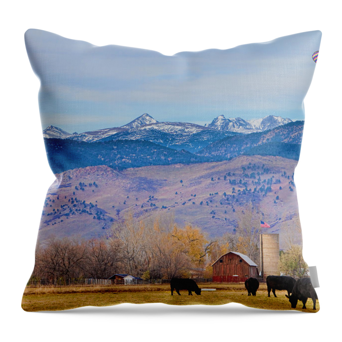 'hot Air Balloon' Throw Pillow featuring the photograph Hot Air Balloon Rocky Mountain Country View by James BO Insogna