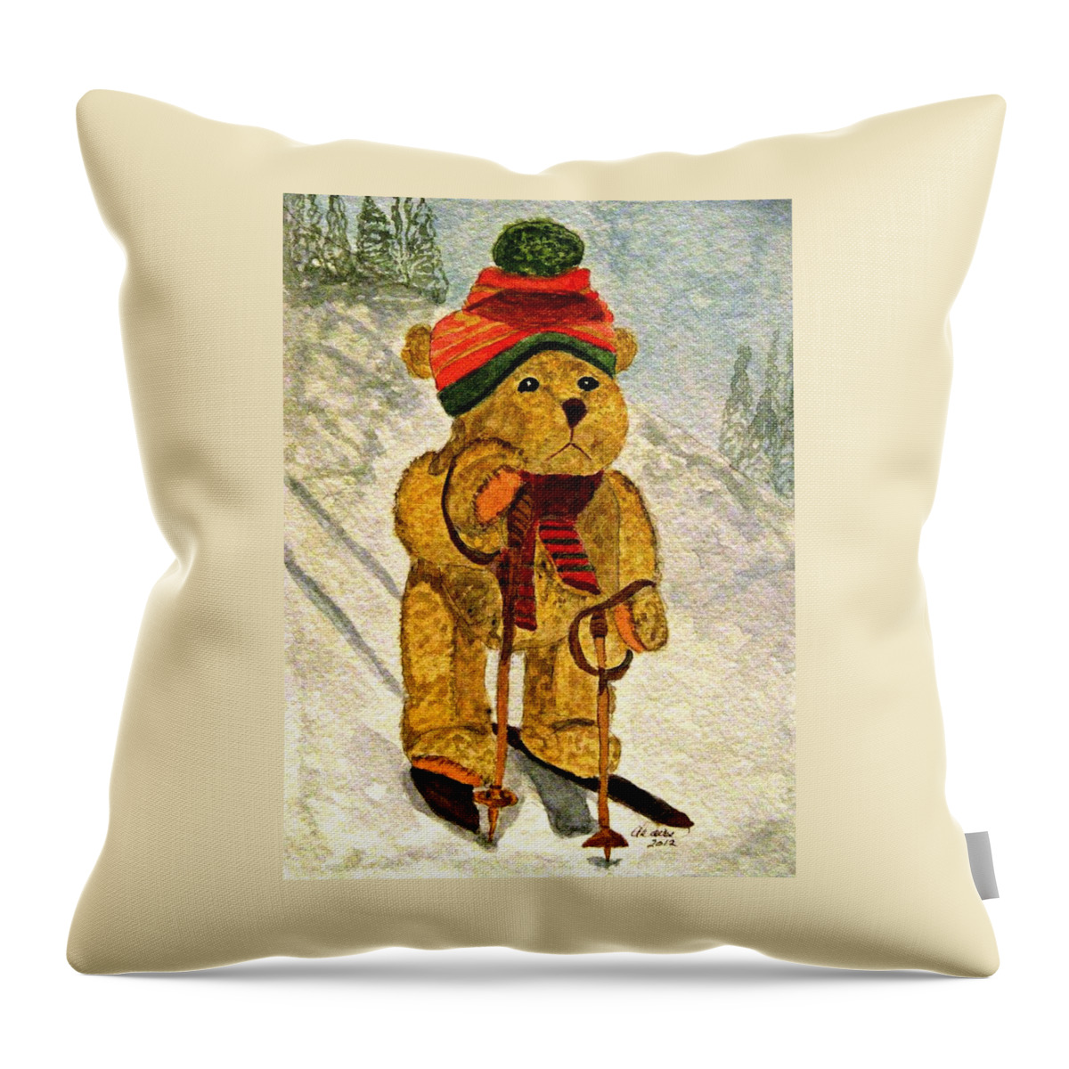 Bears Throw Pillow featuring the painting Learning To Ski by Angela Davies