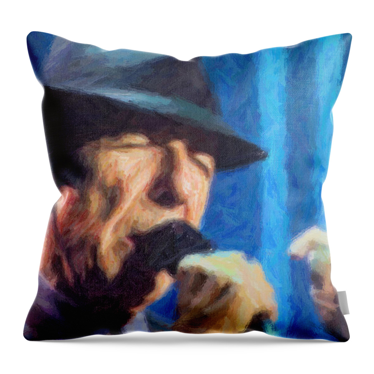 Leonard Cohen Throw Pillow featuring the digital art Leonard Cohen in concert 2013 #2 by Liz Leyden