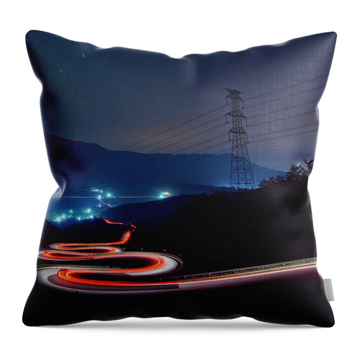 Electricity Pylon Throw Pillow featuring the photograph Light Trails Of Cars On The Zigzag Way #2 by Tokism