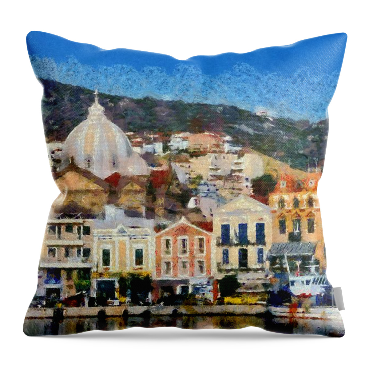 Lesvos; Lesbos; Mytilini; Mitilini; Mytilene; City; Town; Port; Harbor; Islands; Greece; Hellas; Greek; Aegean; Island; Summer; Holidays; Vacation; Tourism; Touristic; Travel; Trip; Voyage; Journey; Buildings; Tradition; Traditional; Architecture; Design; Church Throw Pillow featuring the painting Mytilini port #1 by George Atsametakis