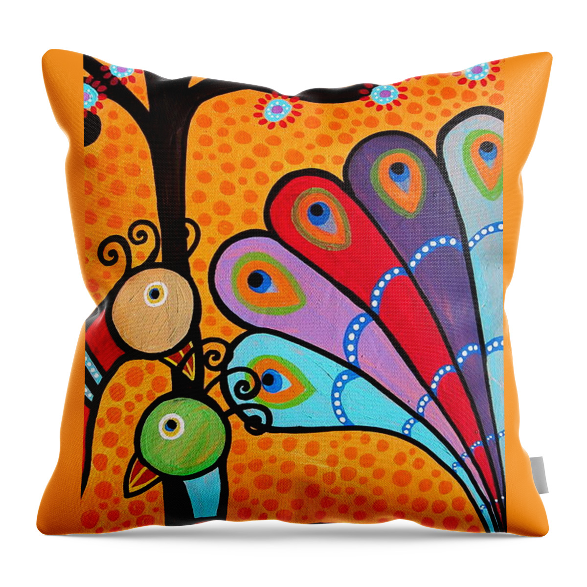 Abstract Throw Pillow featuring the painting 2 Peacocks And Tree by Pristine Cartera Turkus