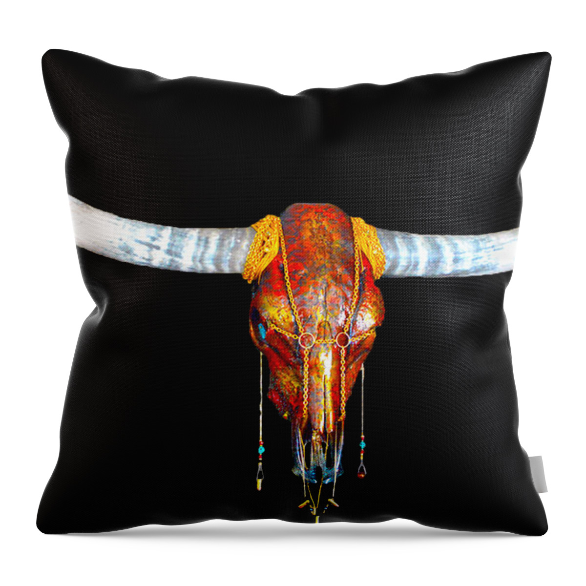  Longhorn Paintings Throw Pillow featuring the mixed media Red and Gold Illuminating Longhorn Skull #1 by Mayhem Mediums