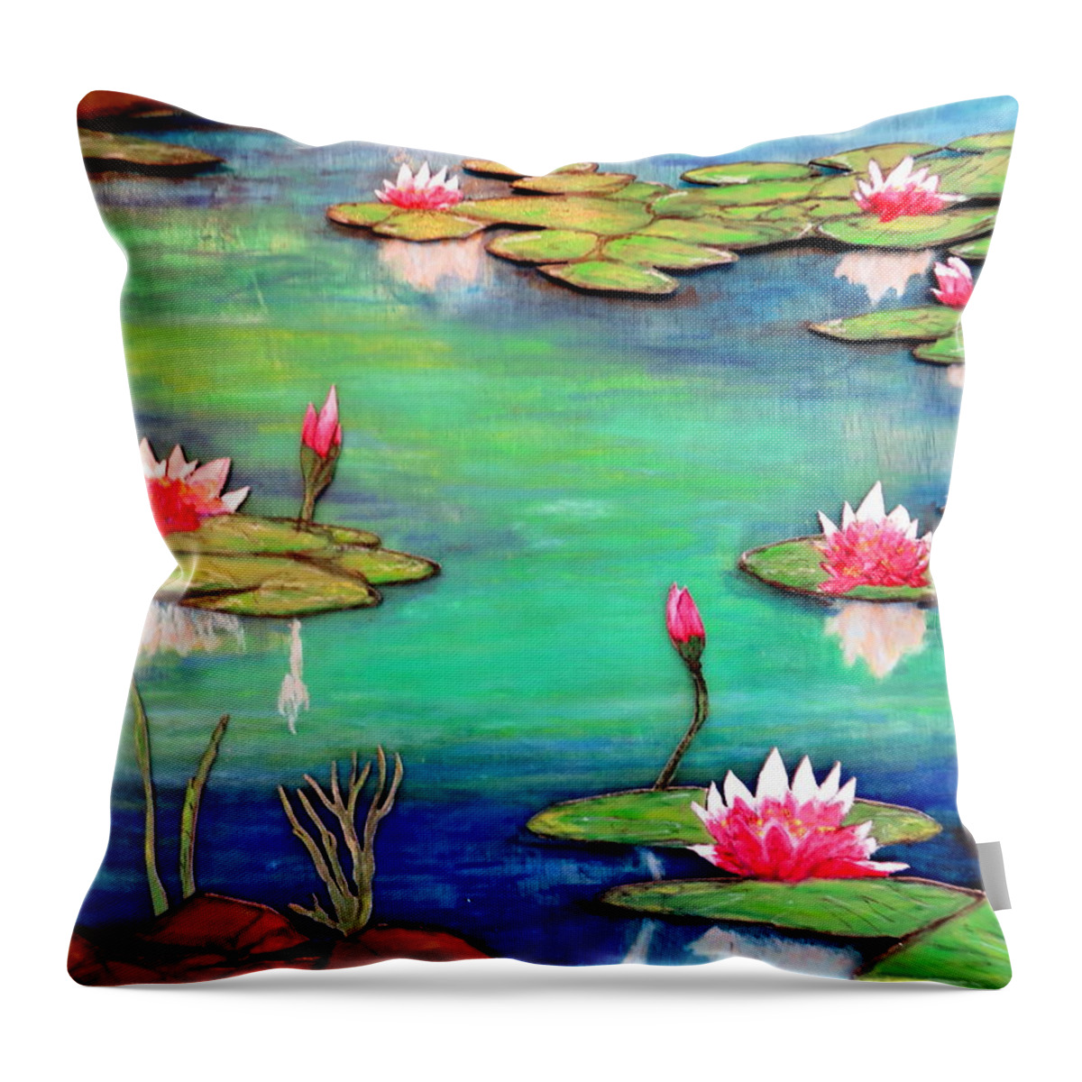 Water Pond Ammagansett Montauk Color Sun Shadow Reflectiond Float Pads Aquatic Plants Series 3-d Pink Blue Green Silver Yellow Mood Tranquil Throw Pillow featuring the pastel Reflections #2 by Daniel Dubinsky
