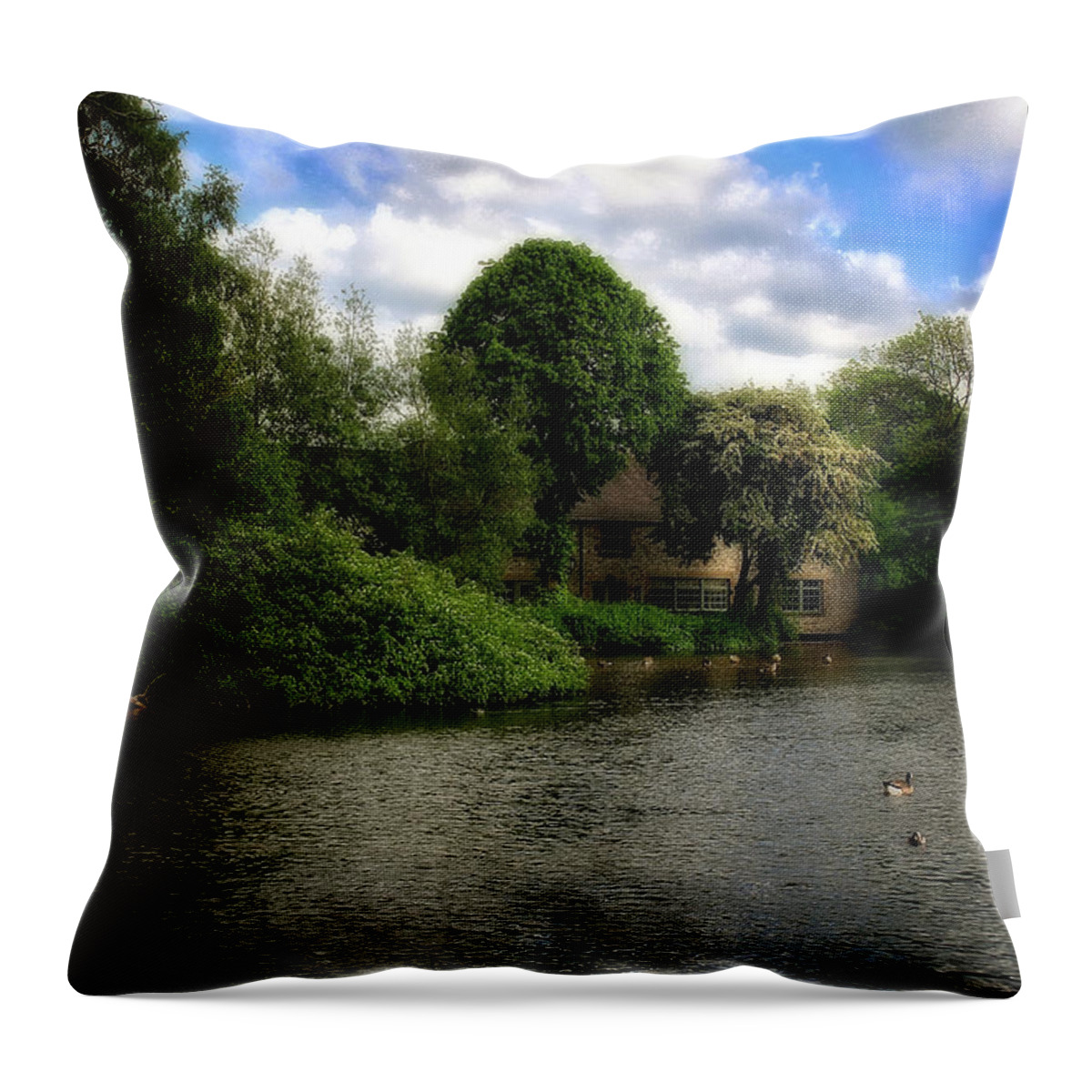 Trees Throw Pillow featuring the photograph River Weir At Bakewell - Peak District - England #2 by Doc Braham