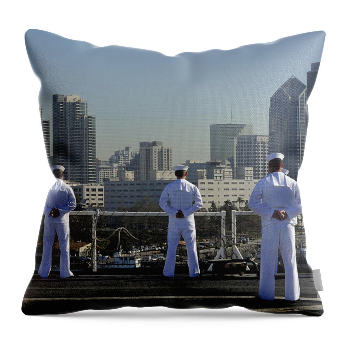 Military Throw Pillow featuring the photograph Sailors Man The Rails Aboard #2 by Stocktrek Images