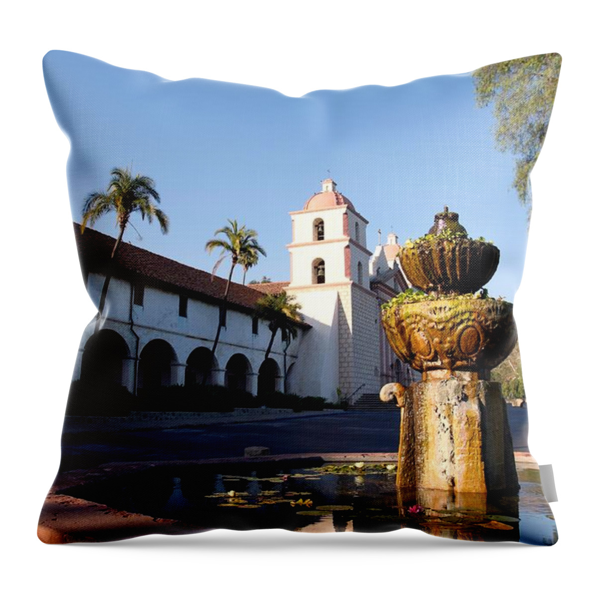 Barbara Throw Pillow featuring the photograph Santa Barbara Mission Fountain #2 by Henrik Lehnerer