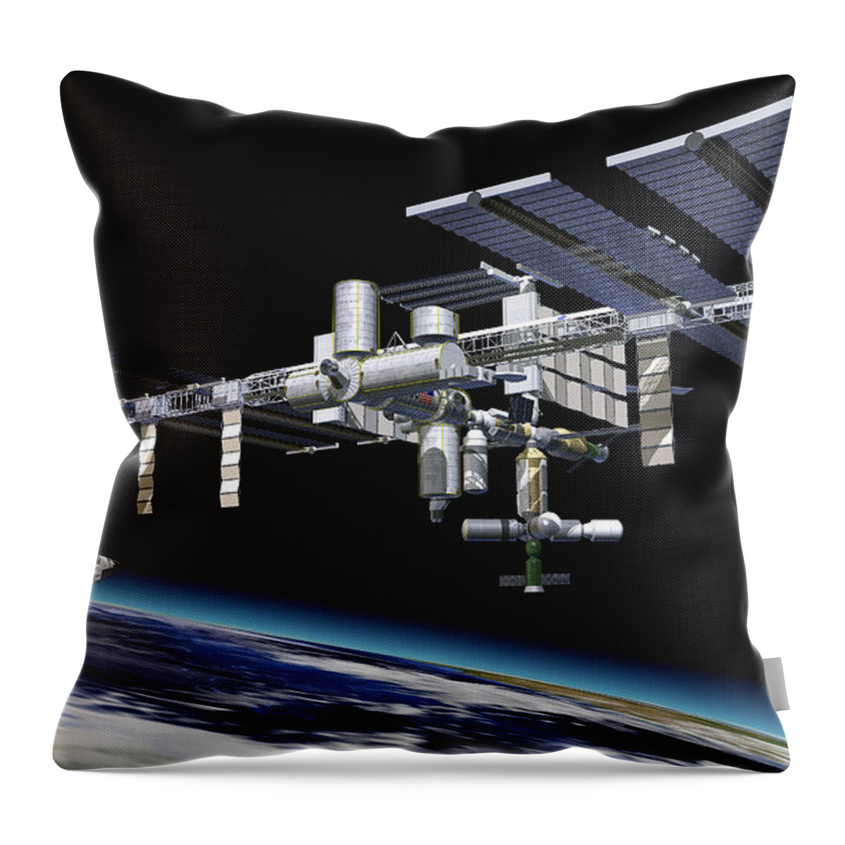Three Dimensional Throw Pillow featuring the digital art Space Station In Orbit Around Earth #2 by Leonello Calvetti