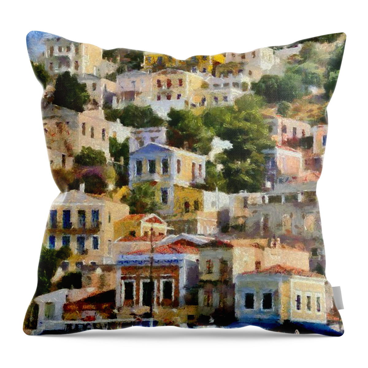 Symi Throw Pillow featuring the painting Symi island #8 by George Atsametakis