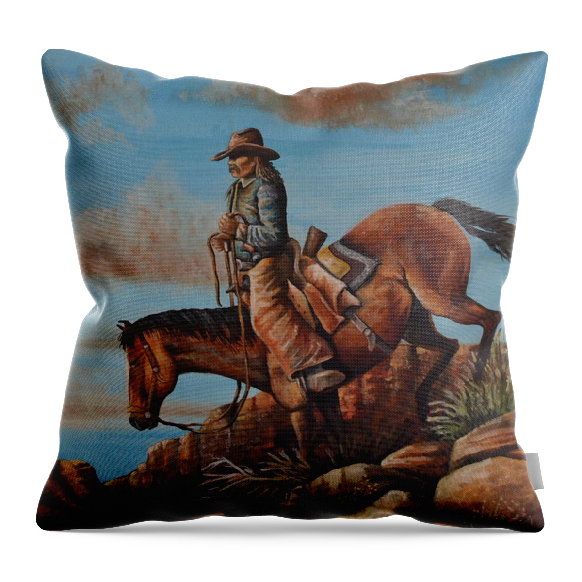 A Texas Ranger Riding His Horse Down A Rocky Mountain In Northern Texas. There Is A Blue Sky And Multi-colored Rocks With Some Desert Brush. Throw Pillow featuring the painting Texas Ranger by Martin Schmidt