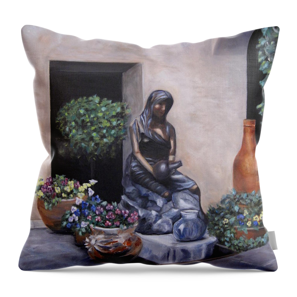 Statue Throw Pillow featuring the painting The Courtyard by Roberta Rotunda