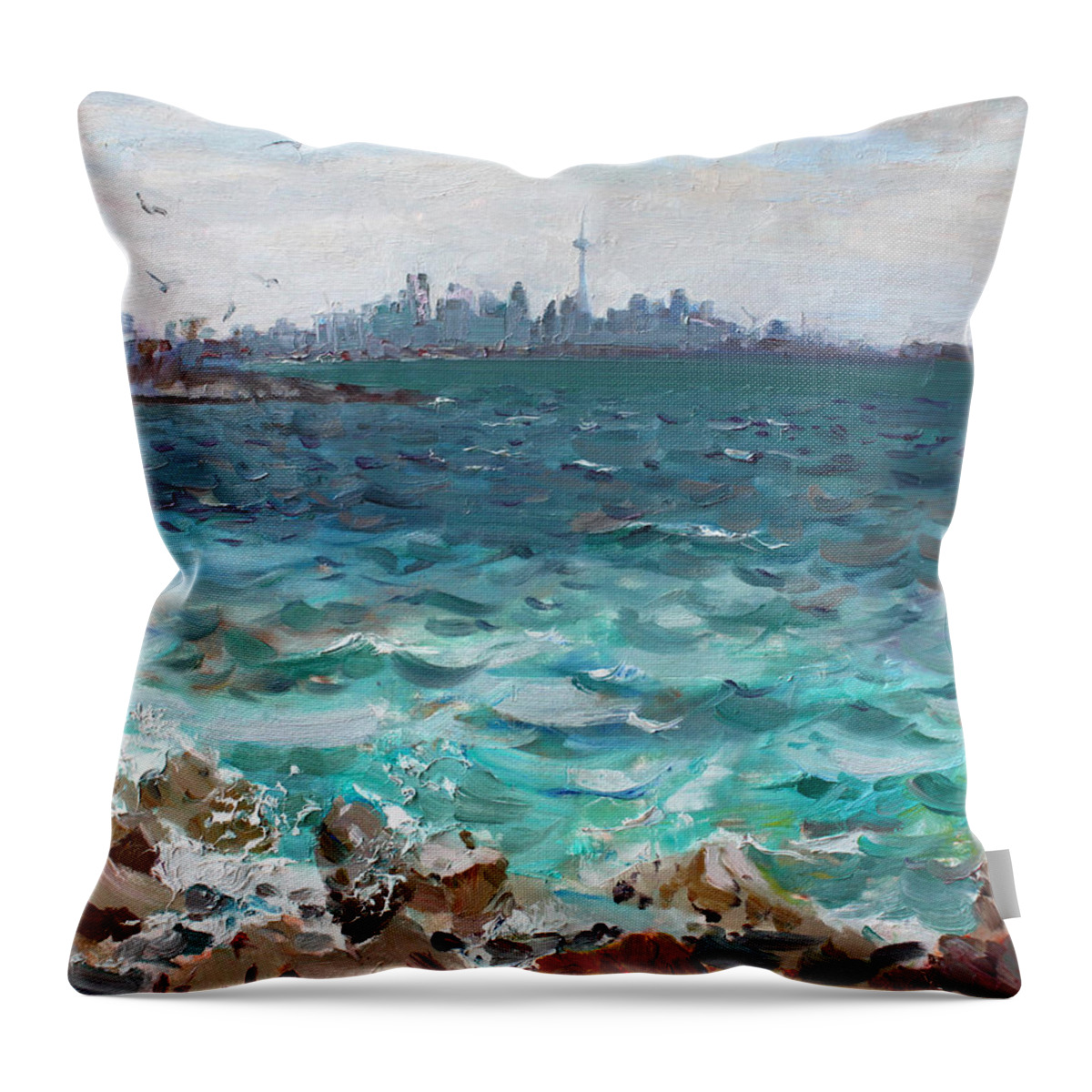 Toronto Skyline Throw Pillow featuring the painting Toronto Skyline #2 by Ylli Haruni