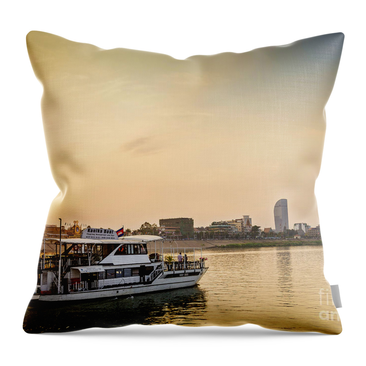 Boat Throw Pillow featuring the photograph Tourist Boat On Sunset Cruise In Phnom Penh Cambodia River #2 by JM Travel Photography