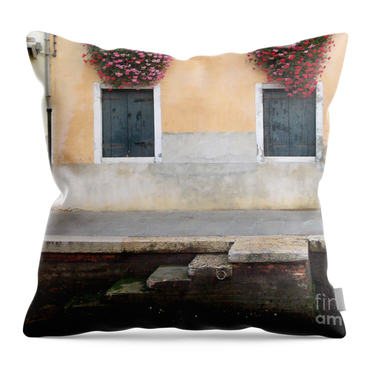 Venice Throw Pillow featuring the painting Venice Canal Shutters with Dog and Flowers Horizontal #2 by Robyn Saunders