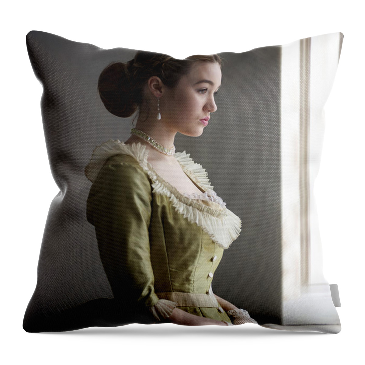 Victorian; Woman; Female; Girl Throw Pillow featuring the photograph Victorian woman at the window #2 by Lee Avison