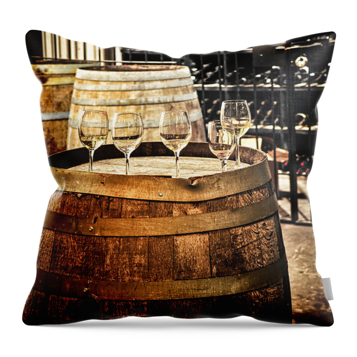 Wine Throw Pillow featuring the photograph Wine glasses and barrels by Elena Elisseeva