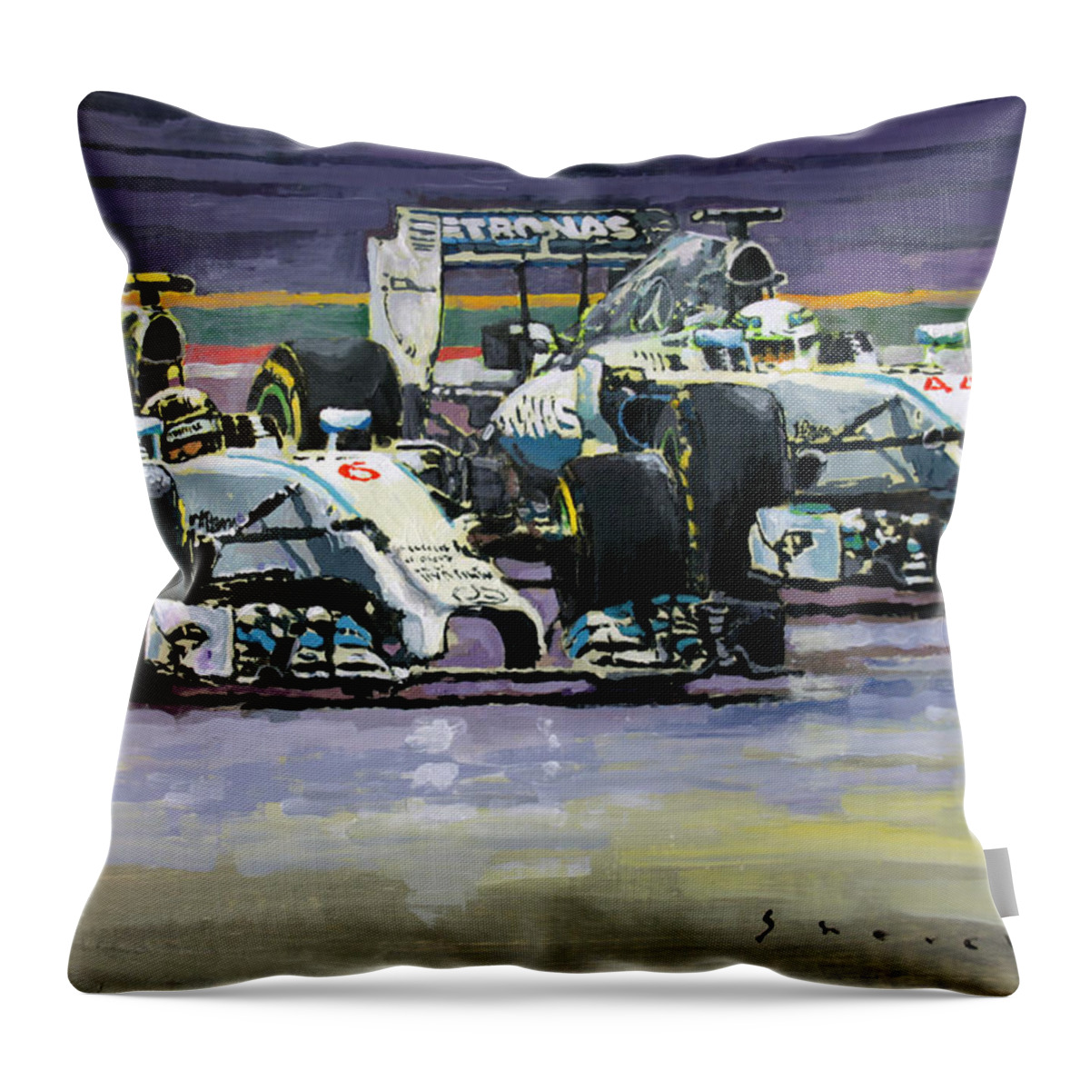 Acrylic On Paper Throw Pillow featuring the painting 2014 F1 MERCEDES AMG PETRONAS Lewis Hamilton vs Nico Rosberg by Yuriy Shevchuk