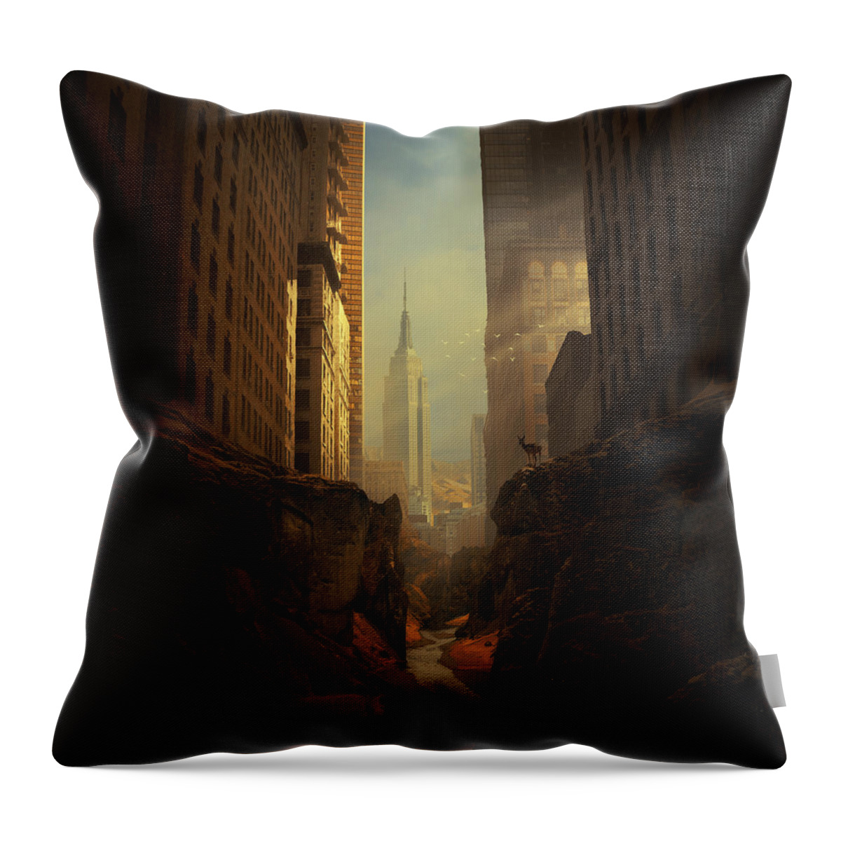 City Ruins Apocalypse Buildings Sun Animal Sunbeams Abandoned Ny Landscape Photomontage Rocks Loneliness Creek Walls Birds Sciencefiction Fantasy Newyork Warm Shadows Nature Architecture Photomontage Photomanipulation Throw Pillow featuring the photograph 2146 by Michal Karcz