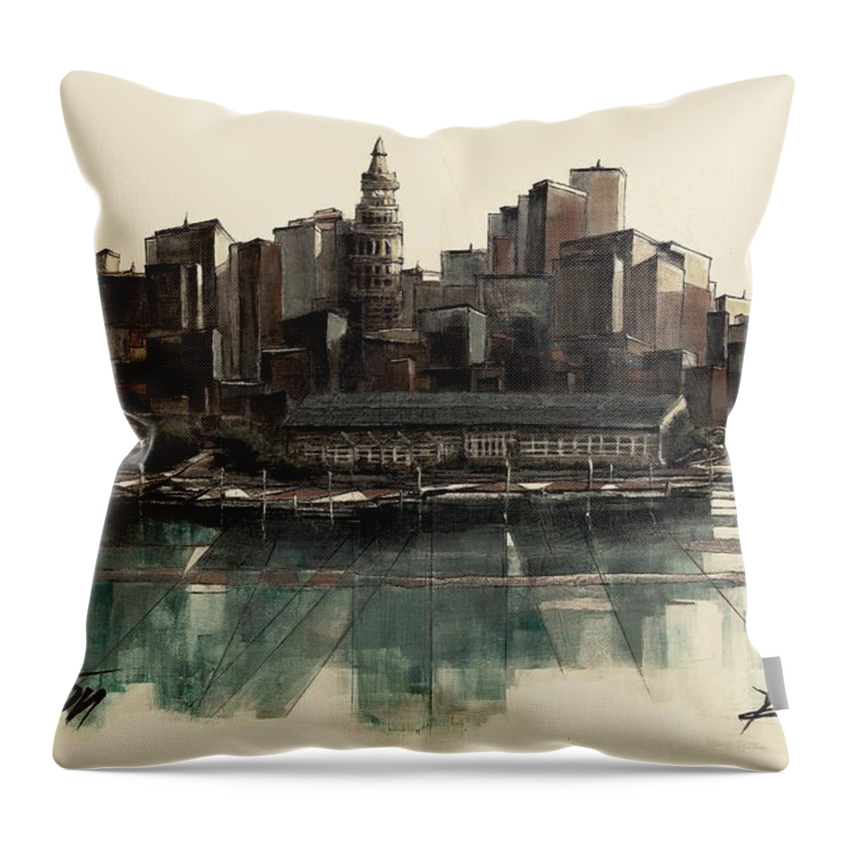 Fineartamerica.com Throw Pillow featuring the painting Boston Skyline #29 by Diane Strain