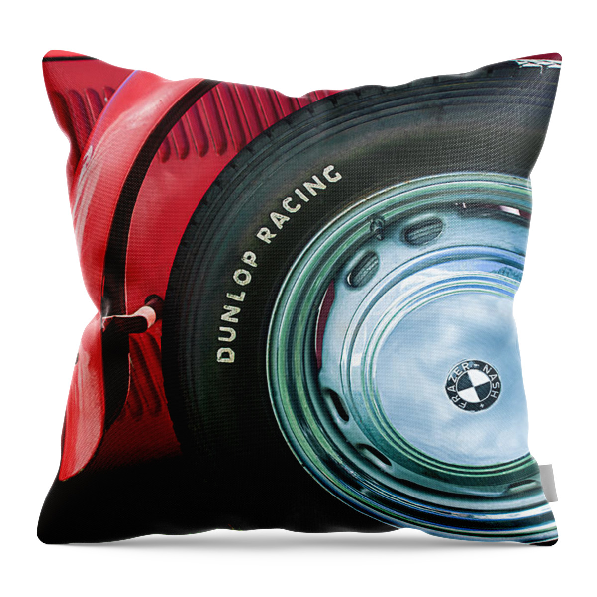 1952 Frazer-nash Le Mans Replica Mkii Competition Model Tire Emblem Throw Pillow featuring the photograph 1952 Frazer-Nash Le Mans Replica MkII Competition Model Tire Emblem #3 by Jill Reger