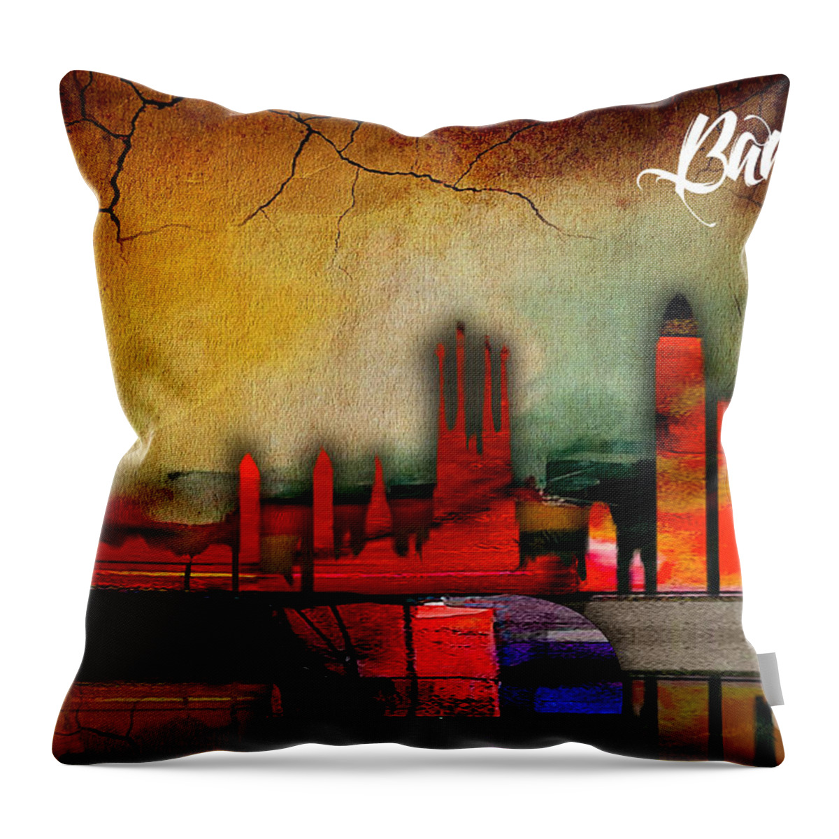 Barcelona Art Throw Pillow featuring the mixed media Barcelona Spain Skyline Watercolor #4 by Marvin Blaine
