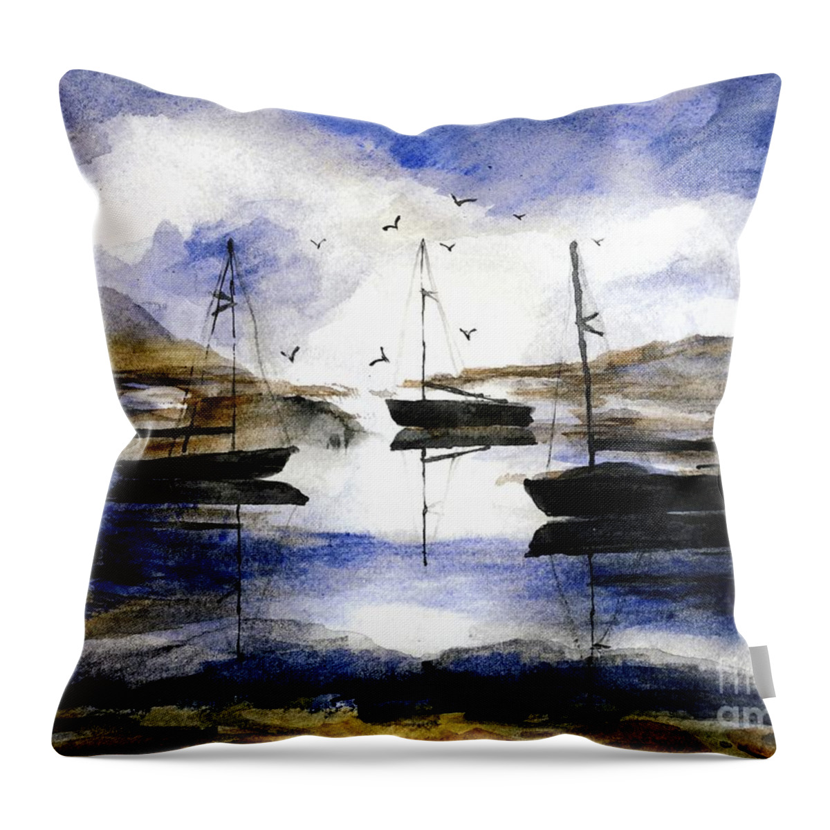 California Throw Pillow featuring the painting 3 Boats in Cat Harbor by Randy Sprout
