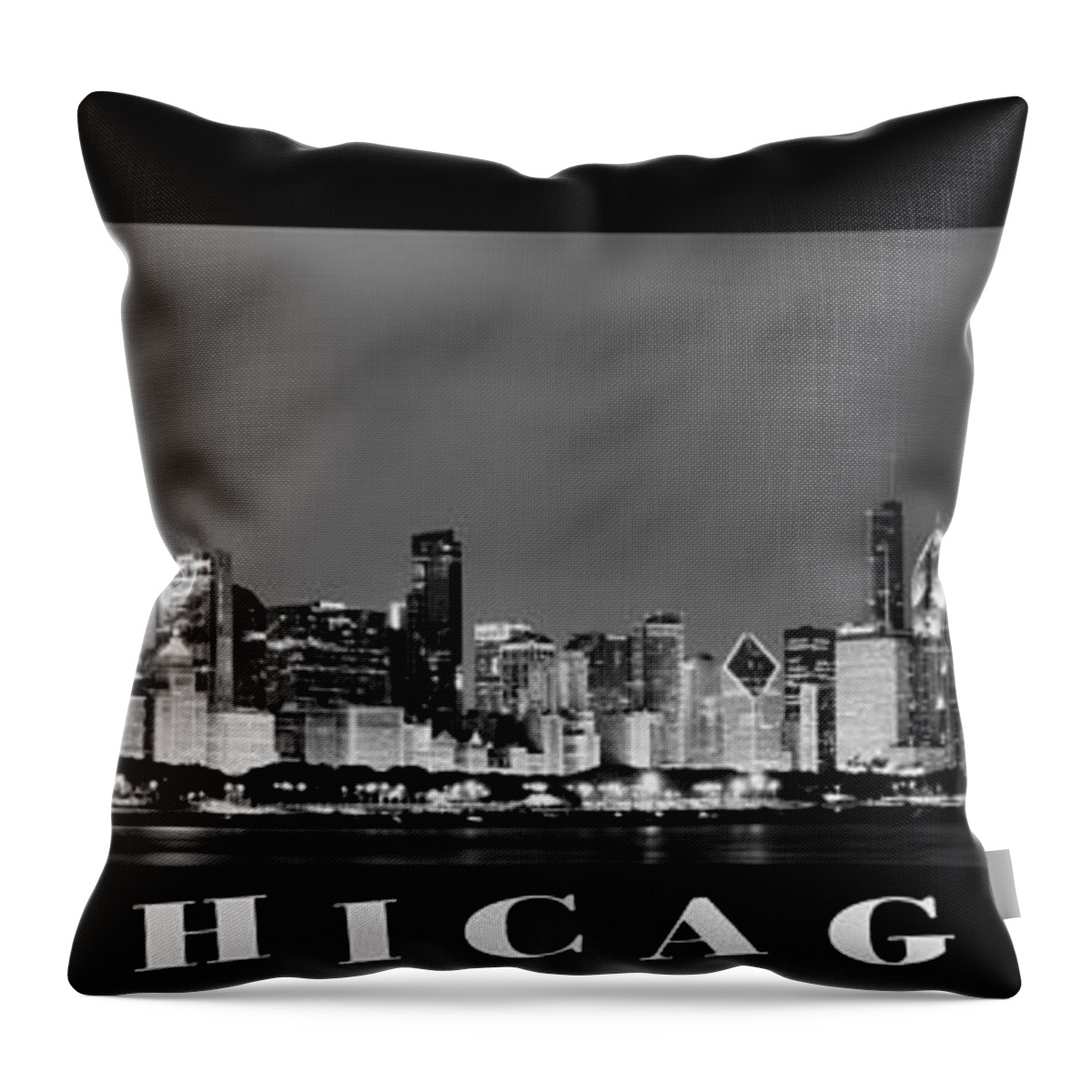 Chicago Skyline Throw Pillow featuring the photograph Chicago Skyline at Night in Black and White #3 by Sebastian Musial