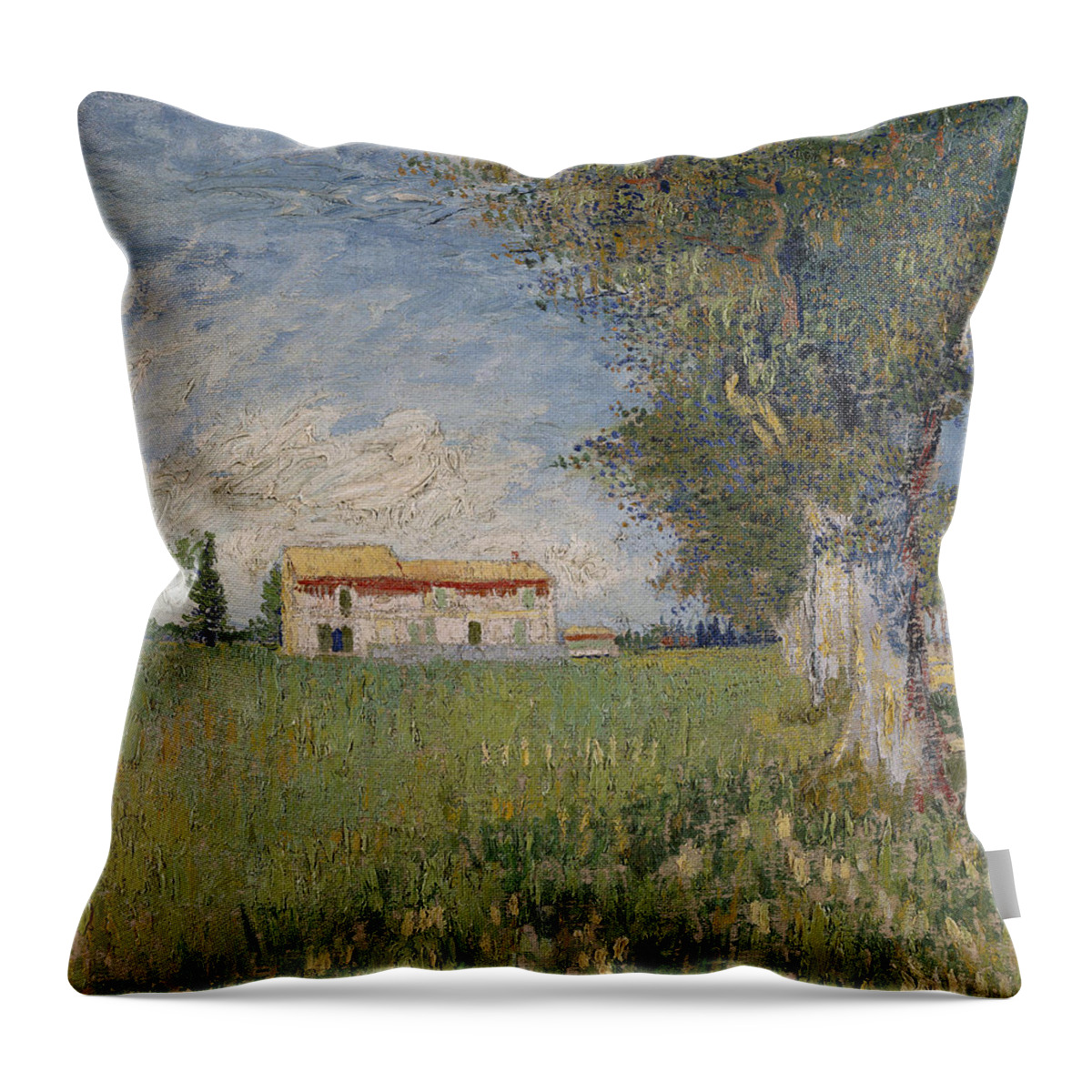 Vincent Van Gogh Throw Pillow featuring the painting Farmhouse In A Wheat Field #3 by Vincent Van Gogh