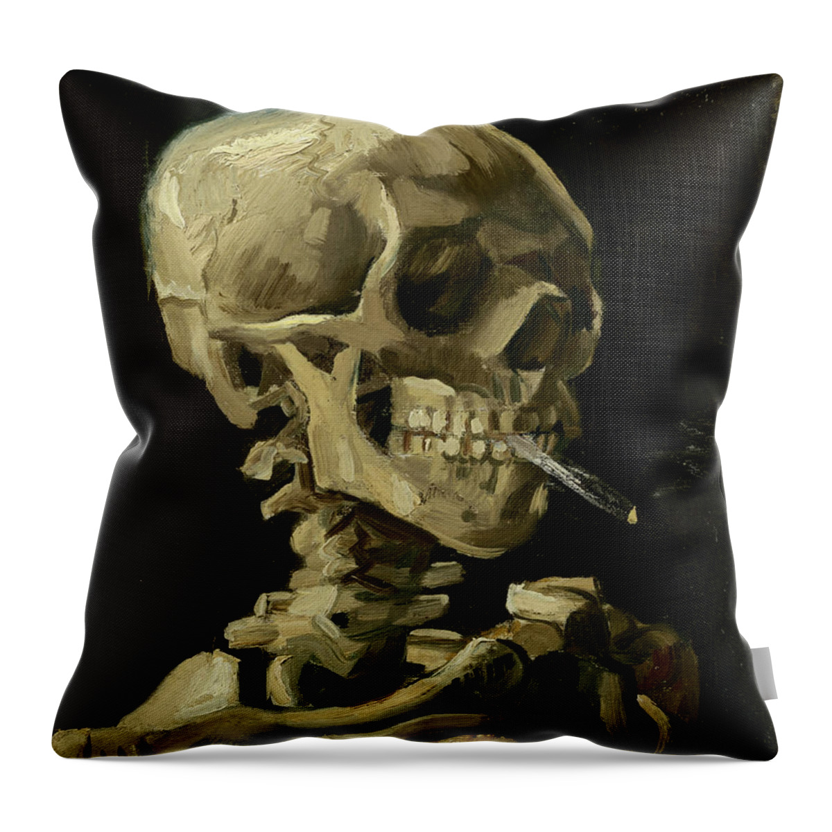 Vincent Van Gogh Throw Pillow featuring the painting Head of a skeleton with a burning cigarette #10 by Vincent van Gogh