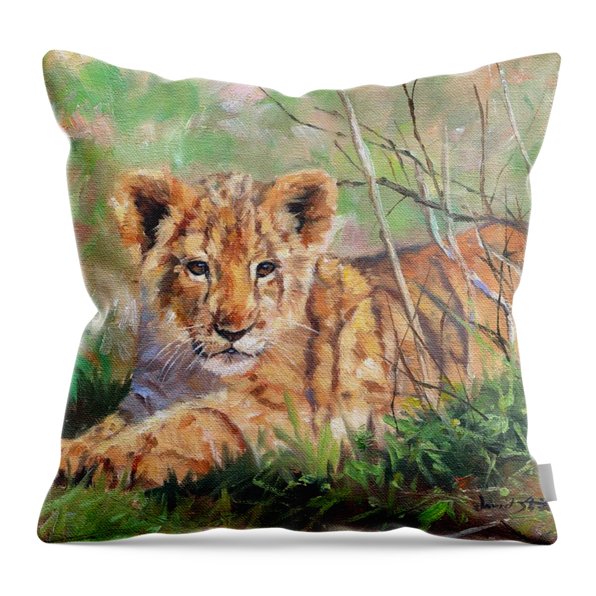 Lion Throw Pillow featuring the painting Lion Cub #3 by David Stribbling